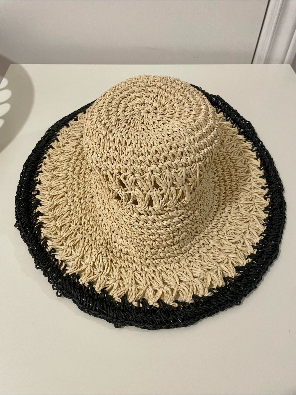 Wide Brim Straw Sun Hat - Beige with Black Trim